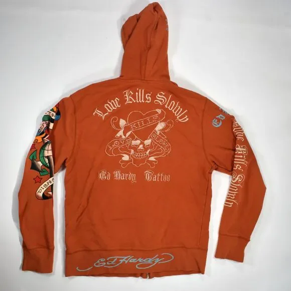 Vintage Ed Hardy All Over Print Embroidered Zip Up Hoodie - XL